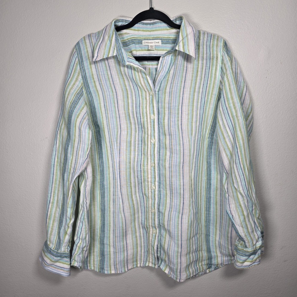 Coldwater Creek Womens 1X Blue Striped Linen Blend Button Shirt Coastal Mature